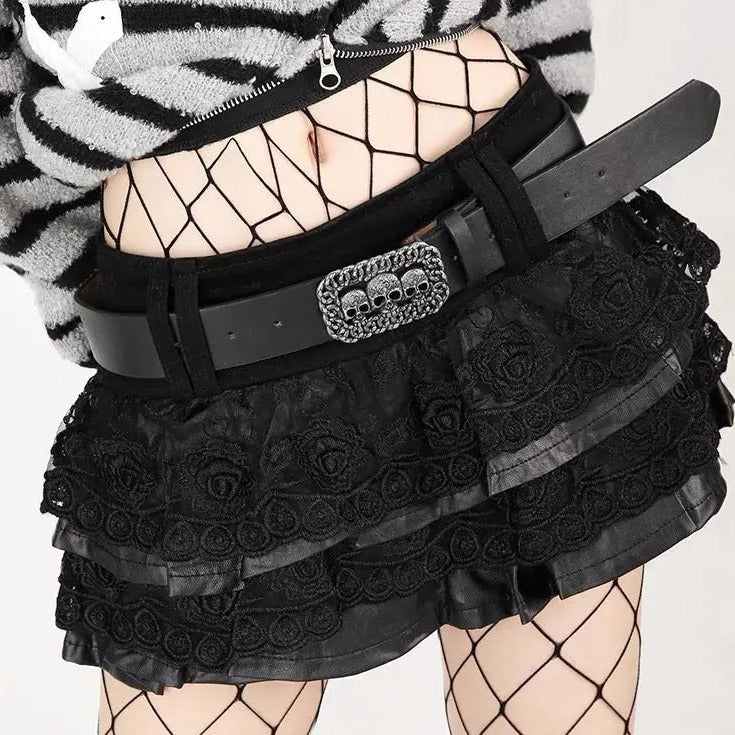 Free Shipping For 'Rosa' Roses Skull Belt Pu Leather Skirt