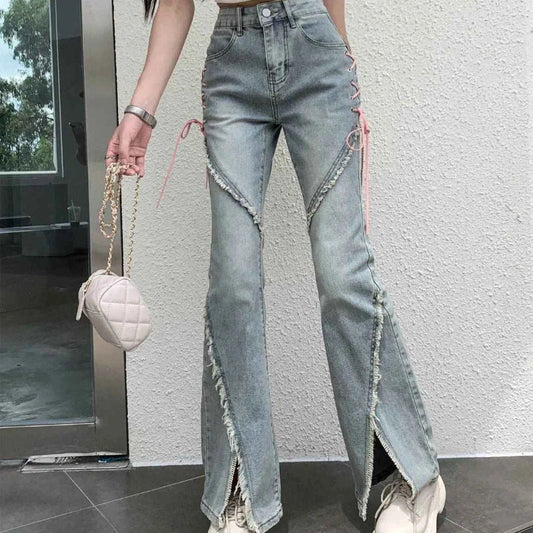 Free shipping for American Split Jeans Women Pink Bandage High Waist Irregular Spliced Denim Pants Zipper Fly Trousers Y2k Pantalon Femme