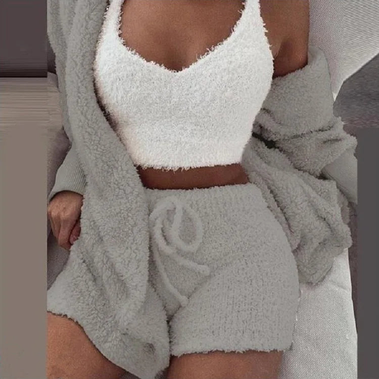 Free Shipping For Fluffy Pajamas Set - Casual Sleepwear Tank Top and Shorts Plus Size Hoodie Leisure Homewear Winter 3-Piece Pajamas (S-2XL)