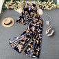 Free shipping for Bohemian Vacation Beach Two Piece Set Women Sexy V-Neck Bandage Short Tops + High Waist Split Wide Leg Pant Suit Spring Autumn