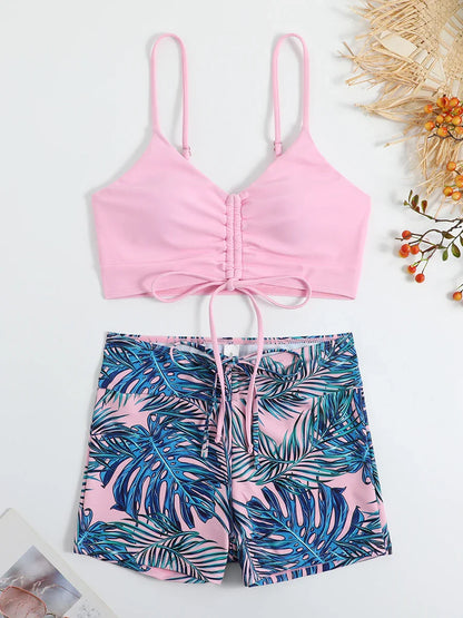 Free Shipping For Tropical Print Drawstring Bikini - High Waist Swimsuit with Tie Front Shorts (S-XL)