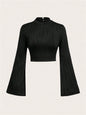 Free shipping for Casual Black Mock Neck Flare Long Sleeve Crop Top Women Fall Winter Y2K Clothes Solid Color Slim Fit Tee Shirt Blouse Streetwear