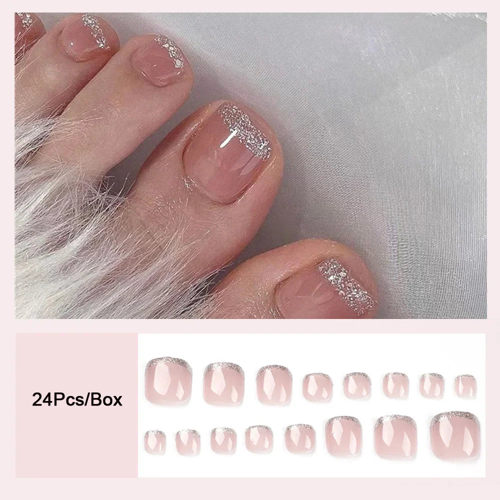 Free shipping for Fashion Nude Pink DIY Pedicure French Fake Toenails With Designs Removable Square Short Toe Nails Press On Nails False Toenail