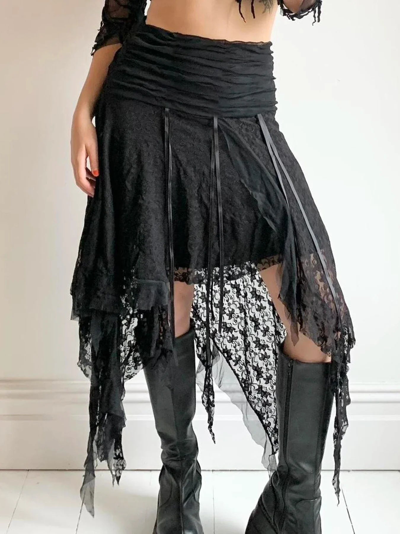 Free shipping for Black Solid Goth Lace Midi Skirts Womens Asymmetrical Hem Chic Fashion Vacation Boho Outfits