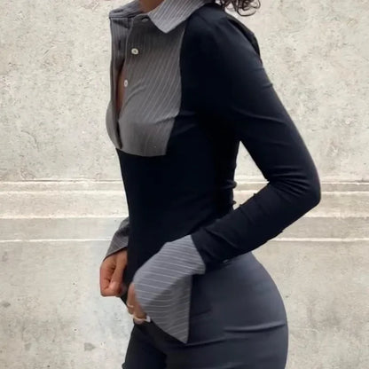 Free shipping for Women New Polo Neck Autumn Elegant Slim Striped and Contrasting Long-sleeved Tops Fashionable and Elegant Quilting