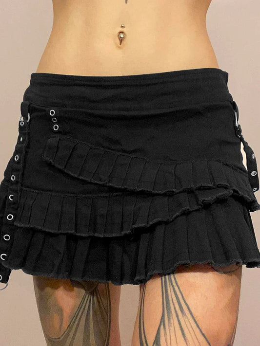 Free Shipping For Punk Gothic Black Eyelet Ribbon Denim Skirt Women Low Waist Asymmetrical Tiered Pleated Short Jean Skirts