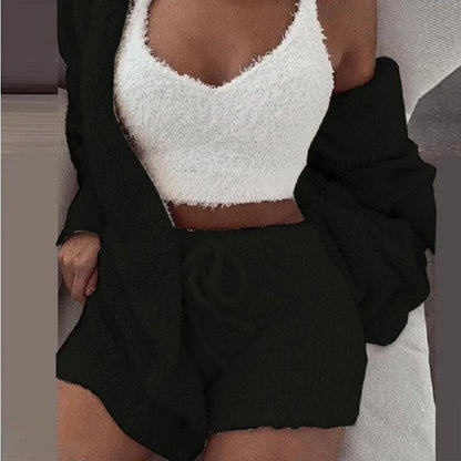 Free Shipping For Fluffy Pajamas Set - Casual Sleepwear Tank Top and Shorts Plus Size Hoodie Leisure Homewear Winter 3-Piece Pajamas (S-2XL)