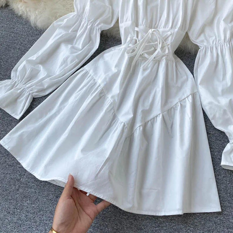 Free shipping for Autumn Dress Elegant Gothic Women White Black Bandage Mini Dress Sexy Off Shoulder Long Sleeve Korean Party Vestidos