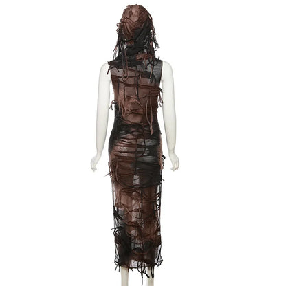 Free shipping for Tie Dye Print Side Split Dress Hooded 90s Vintage Mall Goth Sleeveless Slim Fit Bodycon Women Maxi Long Dress Halloween Costume