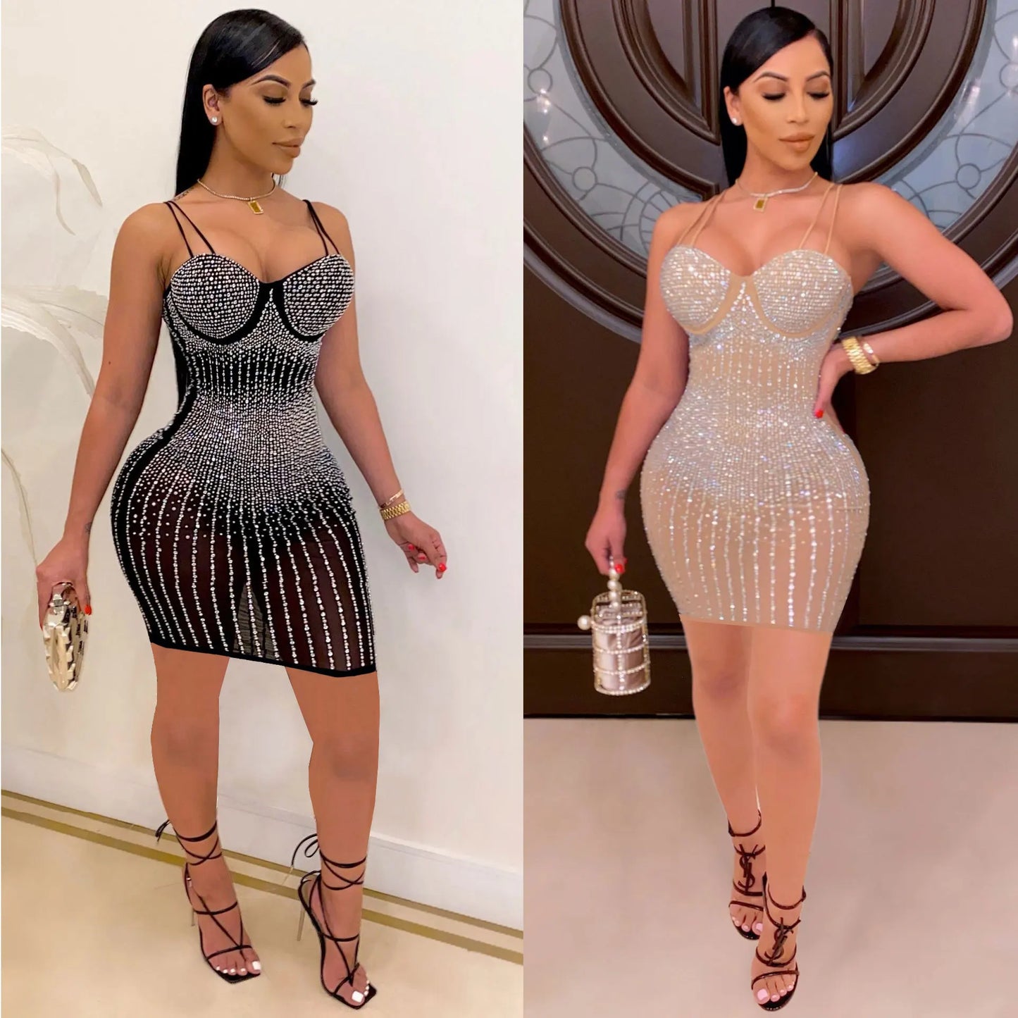 Free Shipping For Mesh Rhinestone Mini Club Dress Sexy Women Spaghetti Strap Bodycon See Through Diamond  Party Dress