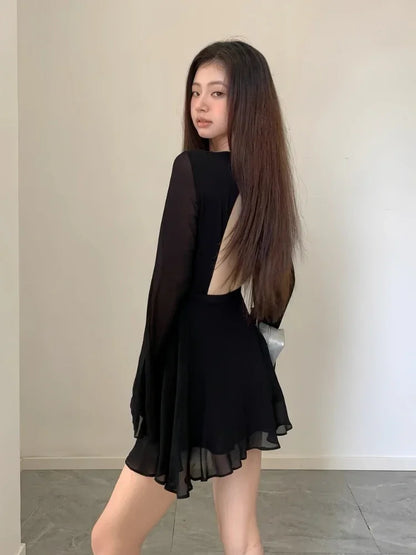 Free shipping for Backless Black Dress Women Elegant Back Hollow Out Lace-up Long Sleeve Mesh Patchwork Sexy Slim Ruffle Mini Dress Party