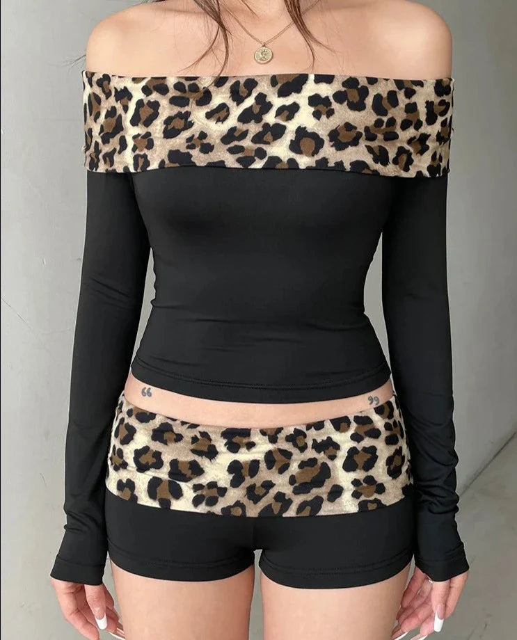 Free shipping for Sexy Slim Patchwork Leopard Shorts Set Women 2 Piece Sets Slash Neck Long Sleeve Tees Low-Waisted Shorts Streetwear Lady