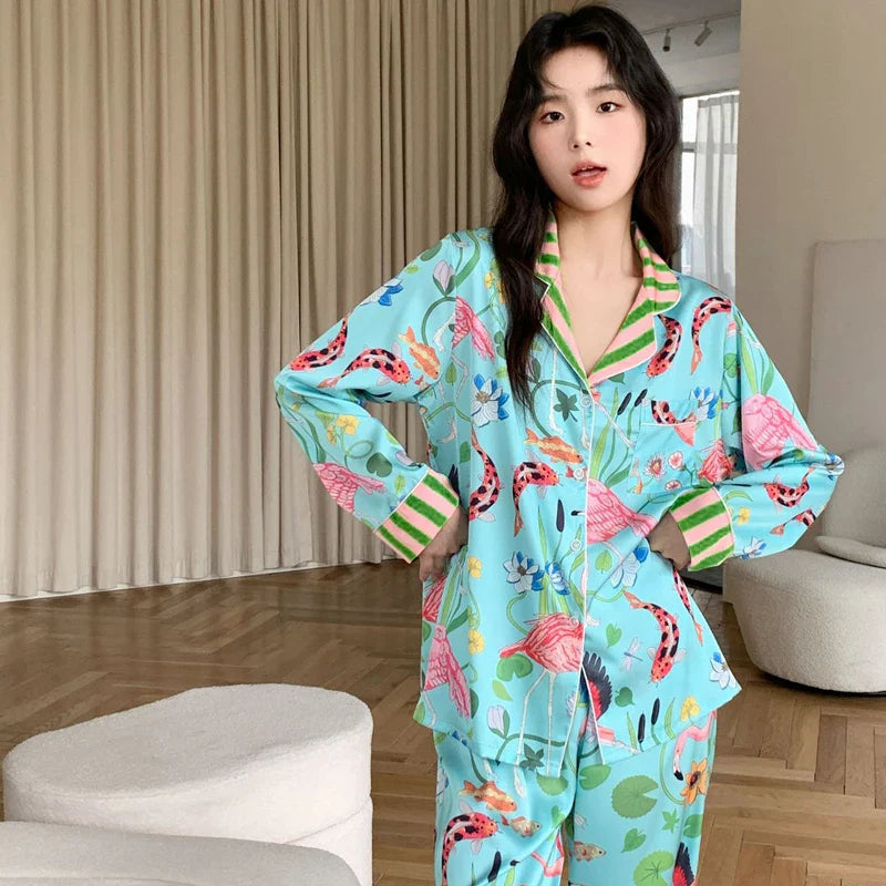 Free Shipping For Ice Silk Spring Pajama Set - Buttoned Cardigan & Print Pants (M-2XL)