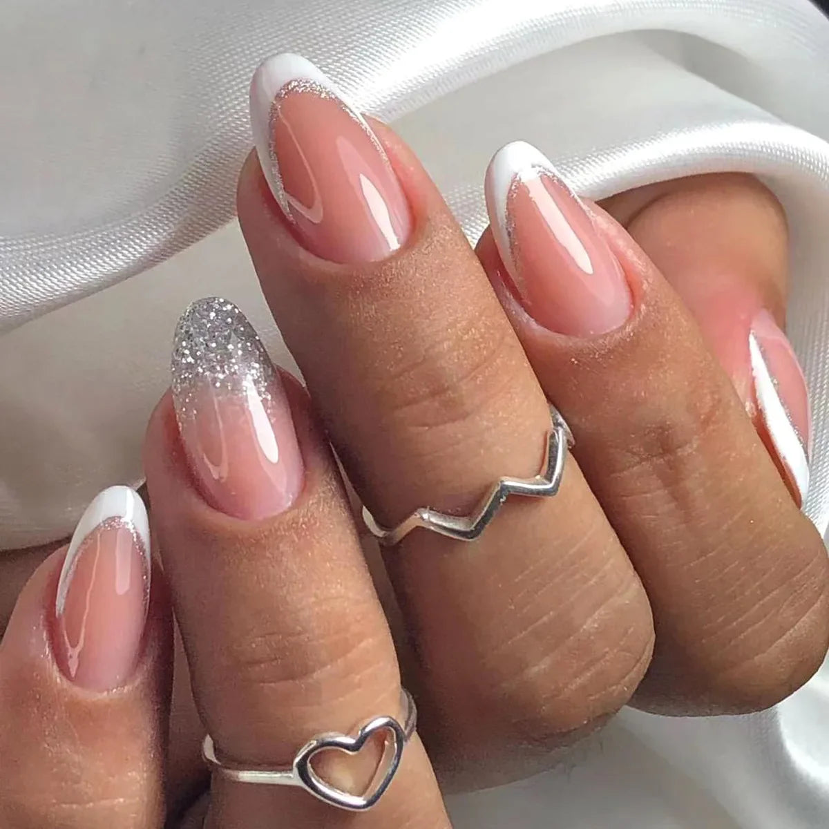 Free shipping for 24Pcs Almond Press on Nails Y2K Star Diamond Designs for Cool Girls Nude Color Fake Nails for Women Fukk Cover False Nail Tips