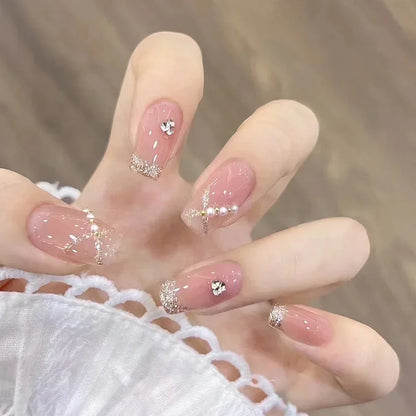 Free shipping for 24Pcs/Box Cherry False Nails Pink with Glue Short Ballerina Wearable Fake Nails Acrylic Art Full Cover Press on Nails Tips