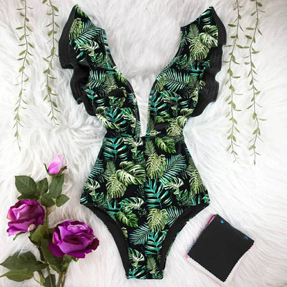 Free Shipping For Floral Printed Ruffle One Piece Swimsuit - Tropical Summer Beachwear (S-XL)