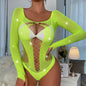 Y2k Women&#39;s Sexy Mesh Hollow For Lingerie One Piece Rhinestone Fishnet Bodysuit Backless Underwear Strapless Long Sleeve Bra Set