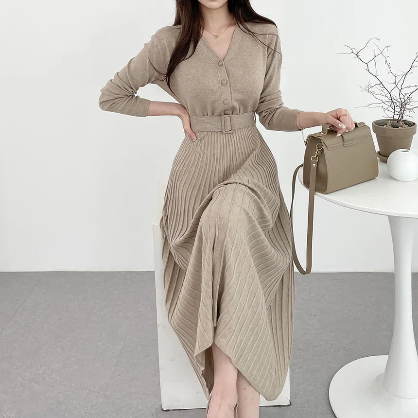 Free shipping for Hot Stretchy Women Knitted Sweater Pullover Dress Office Lady Autumn Winter Button Dresses