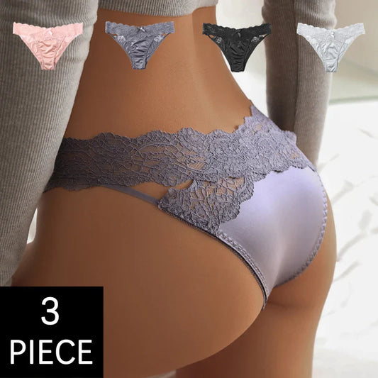 Free Shipping For SatinGlam - Lace Temptation Satin Panties - 3Pcs (M-L)