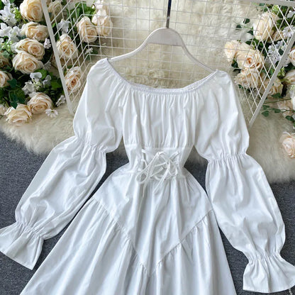 Free shipping for Autumn Dress Elegant Gothic Women White Black Bandage Mini Dress Sexy Off Shoulder Long Sleeve Korean Party Vestidos