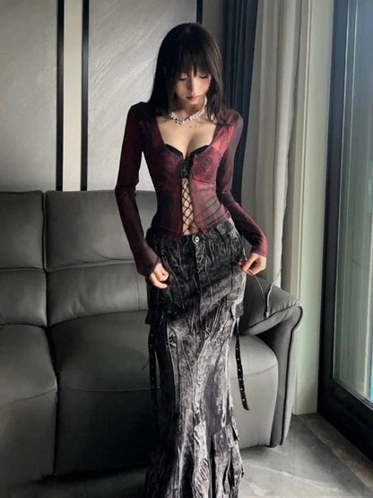 Free shipping for Coquette Sexy Tie Dye Mesh Tops Women Bandage Crop T Shirts Harajuku Gothic Grunge Aesthetic V Neck Long Sleeve Tees