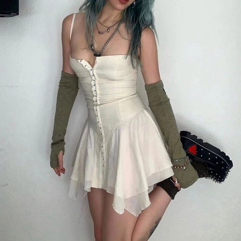 Free shipping for E-girl Harajuku Grunge Mini Dress Y2K Aesthetics Fairy Sexy Low Cut Front Hook Irregular Hem Backless Corset Dress Streetwear