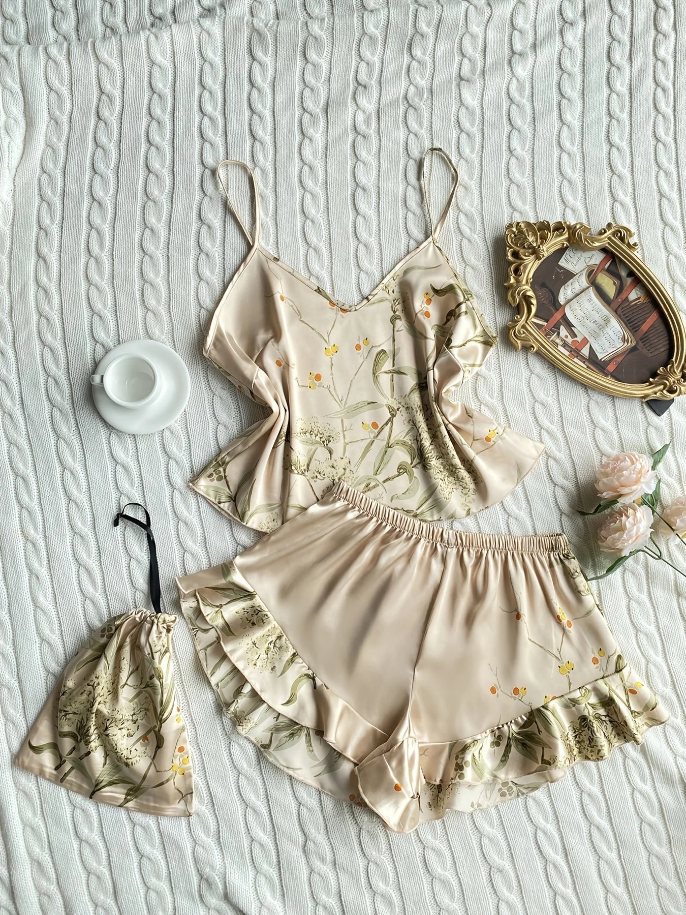 Free Shipping For Elegant Floral Print Pajama Set - Cami Top with Ruffle Hem Shorts (S-XL)