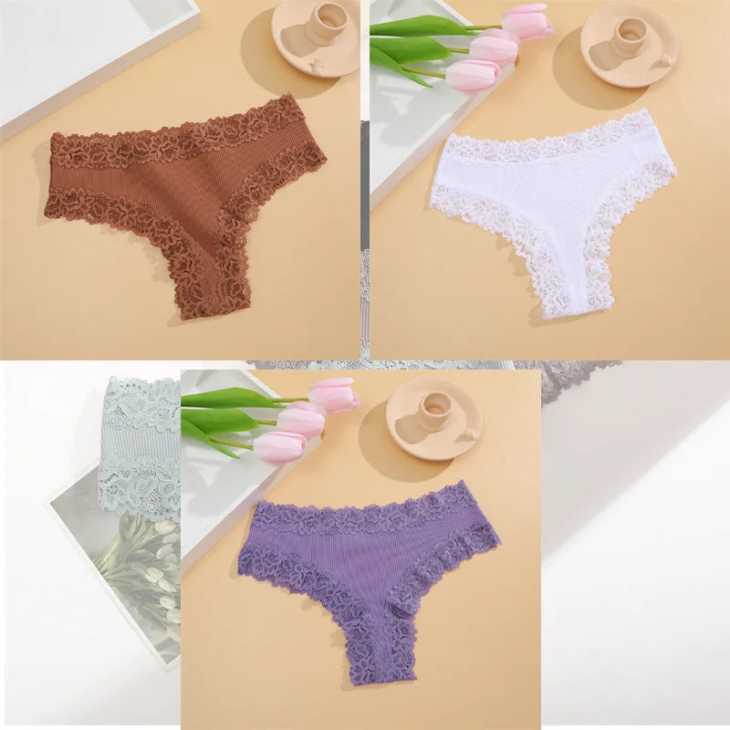 Free Shipping For Lace Brazilian Trio - 3Pcs Low Waist Cotton Panties Set (S-XL)