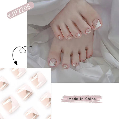 Summer French Toe Nails Set Press On Short Square Acrylic Nail Kits Wearable False Nails Nude Color Fashion Fake Feet Nail Tips