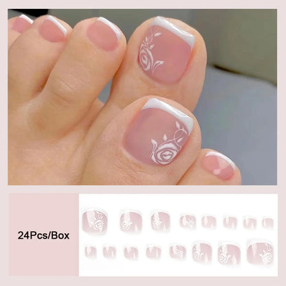 Free shipping for Fashion Nude Pink DIY Pedicure French Fake Toenails With Designs Removable Square Short Toe Nails Press On Nails False Toenail