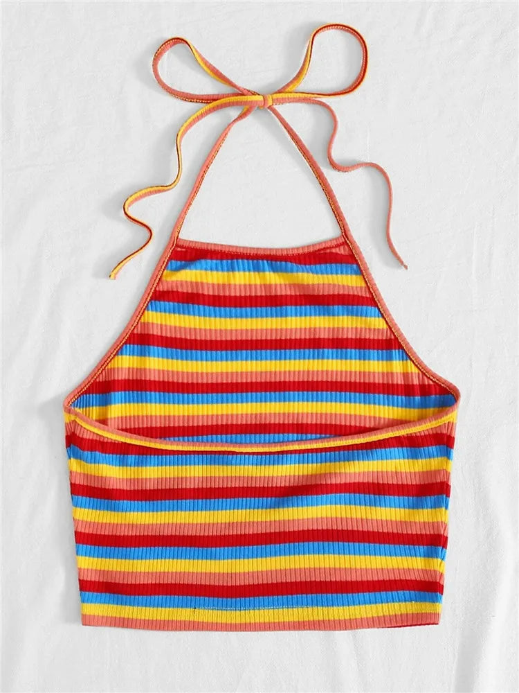 Free Shipping for Rainbow Rib-knit Striped Halter Top Women Summer Clothes Sexy Korean Fashion Backless Sleeveless Crop Top Streetwear