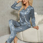 Long Sleeve Pajamas Set - Button-Down Print Shirt with Trousers (S-XL)