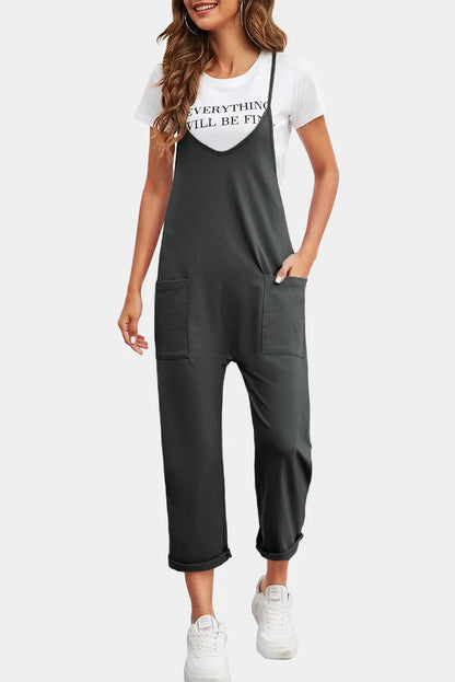 Spring Casual Pocket Jumpsuit – Solid Color, Loose Fit