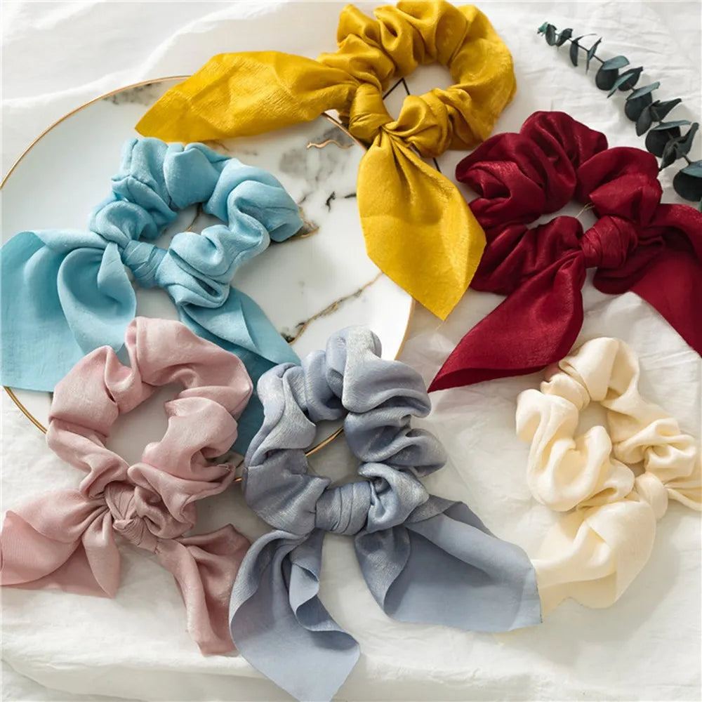 Free shipping for New Chiffon Bowknot Elastic Hair Bands For Women Girls Solid Color Scrunchies Headband Hair Ties Ponytail Holder Hair Accessorie