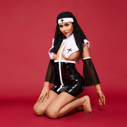 Free Shipping For Shiny Leather Nun Sexy Costume