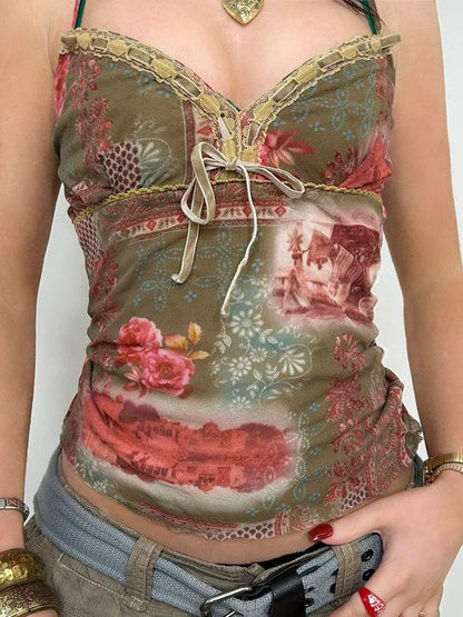 Free shipping for Plant And Floral Print Vintage Aesthetic Mesh Camisole Women Tie Lace Trim Cute Kawaii Clothes