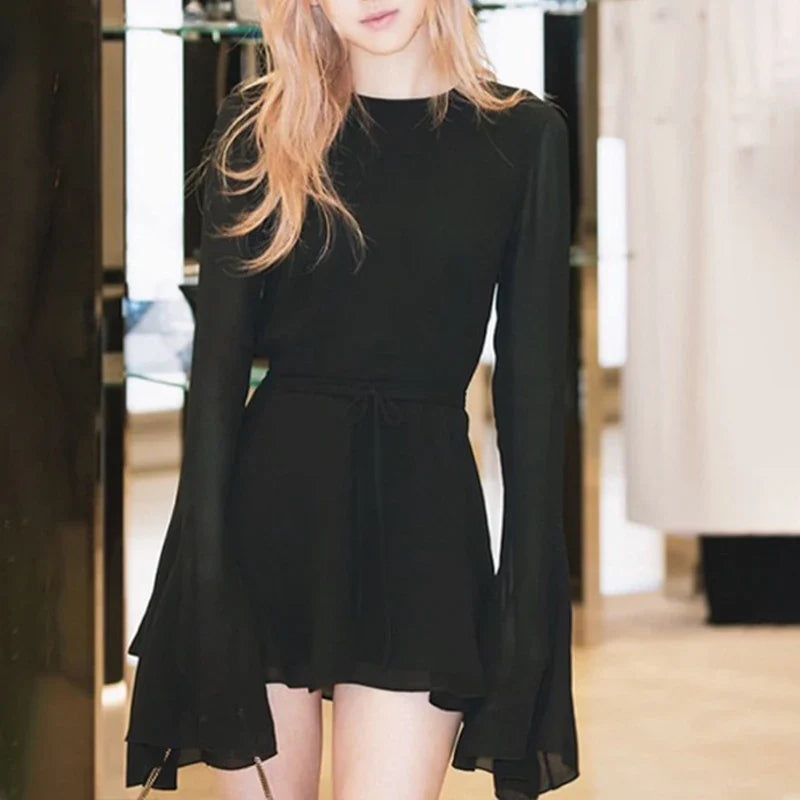 Free shipping for Autumn Black Mini Dress Women New Sexy Backless Flare Sleeve Belt Bandage Mesh O-Neck A-LINE Dress Elegant Casual Club Partywear