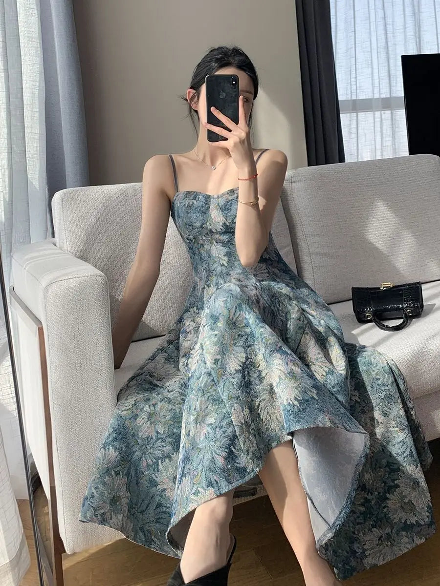 Free shipping for Summer Long Dresses Women Vintage Prints Elegant French Temper Midi Dress Stylish Partywear Sexy Ladies Sleeveless Ropa Mujer