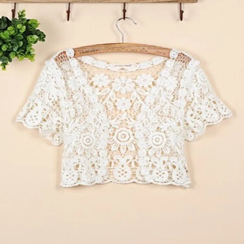 Free shipping for Women Short Sleeve Crochet Shrugs Hollow Out Flower Lace Open Front Cropped Cardigan Sunscreen Jacket Sport Running Vest