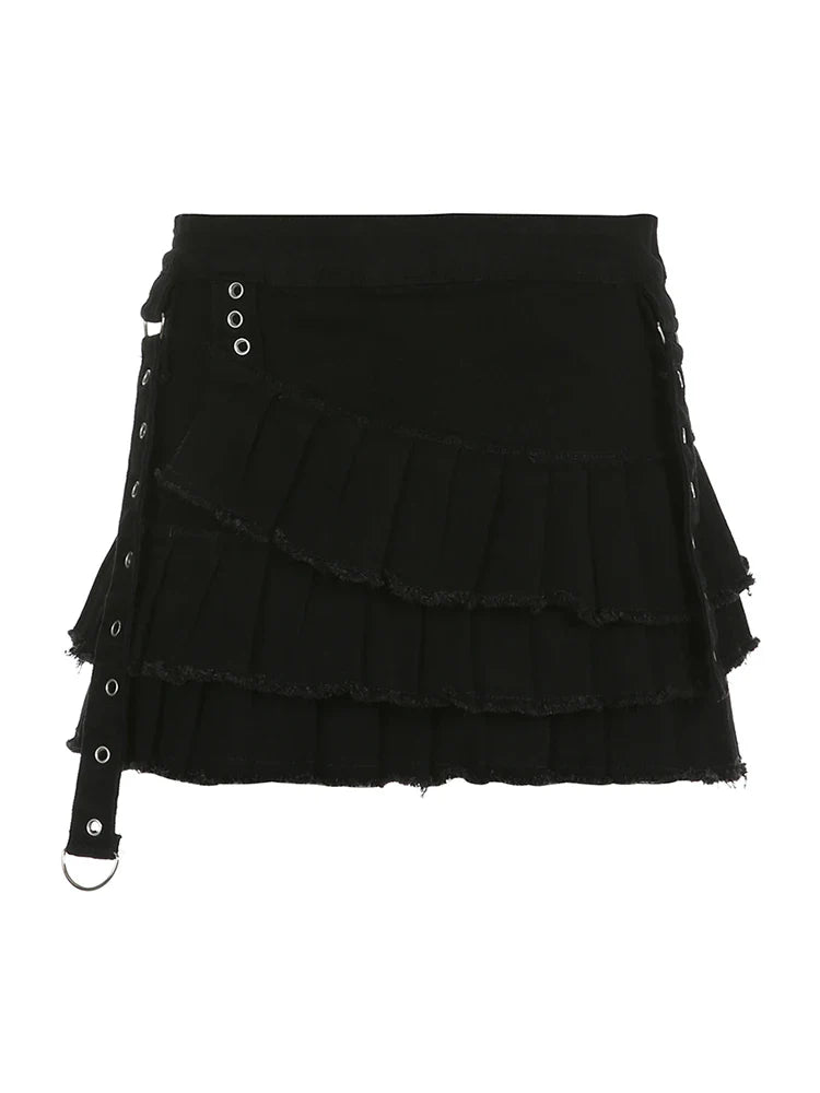 Free Shipping For Punk Gothic Black Eyelet Ribbon Denim Skirt Women Low Waist Asymmetrical Tiered Pleated Short Jean Skirts