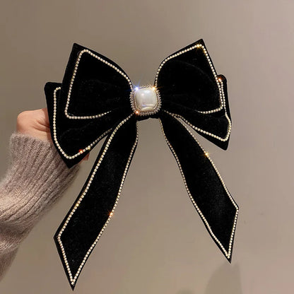 Free shipping for Velvet Inlaid Rhinestone Pearl Bow Hair Clip for Women Korean Fashion Exaggerated Hair Claws Exaggerated Hair Accessories