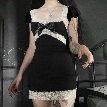 Free shipping for E-girl Kawaii Bow Black Mini Dress Harajuku Grunge Backless Wrap Bodycon Y2K Dark Academia Lace Trim Dress Gothic Streetwear