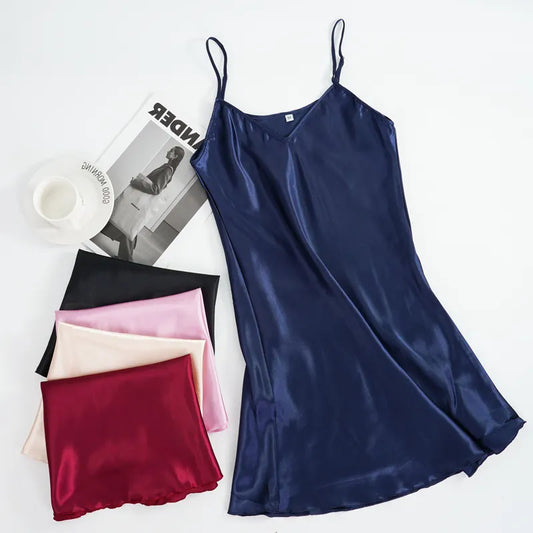 Free Shipping For Silk Satin Night Dress - Sleeveless V-neck Nightgown (M-XXL)