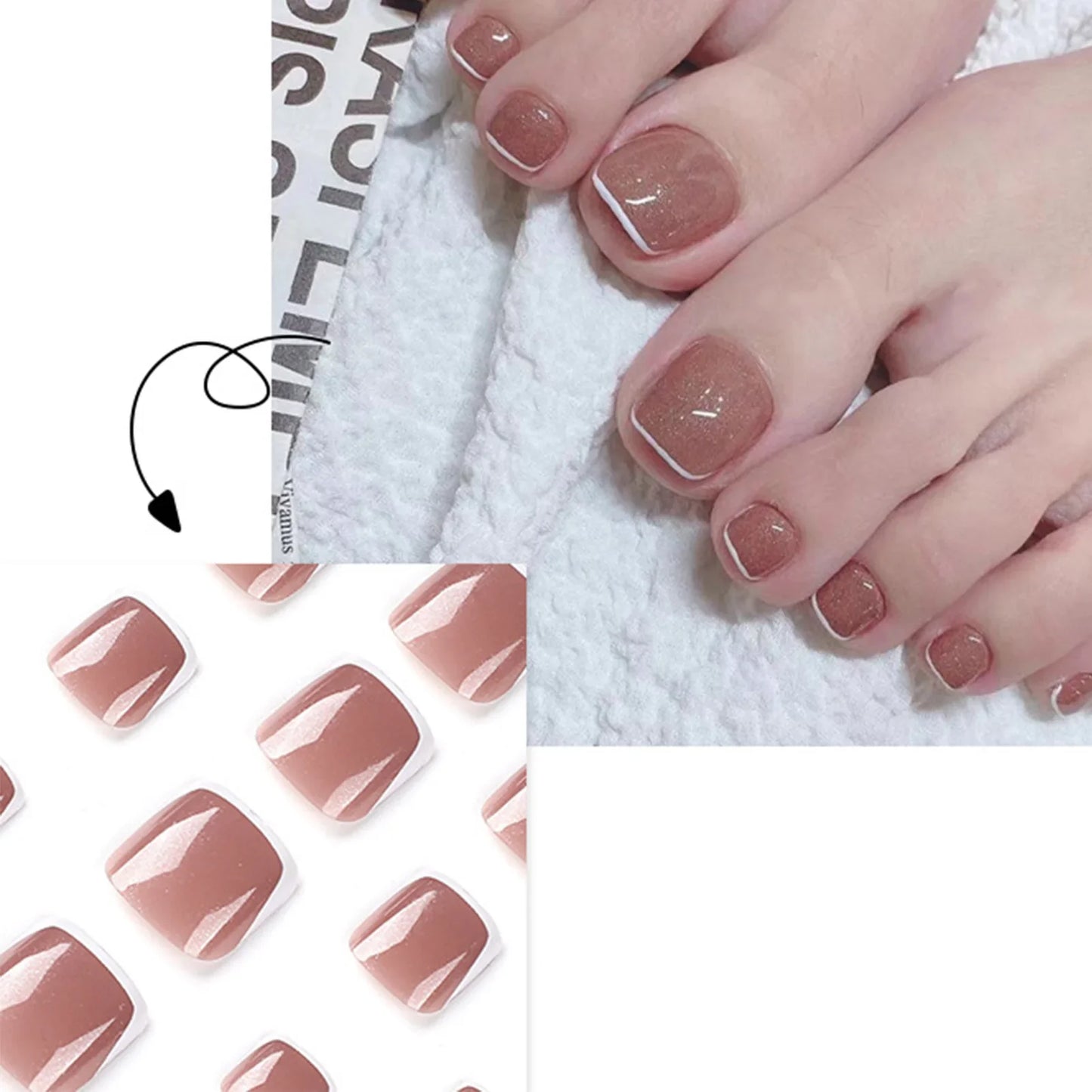 Summer French Toe Nails Set Press On Short Square Acrylic Nail Kits Wearable False Nails Nude Color Fashion Fake Feet Nail Tips