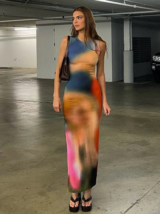 Tie-Dye Ribbed Midi Dress - Bodycon with Side Slit