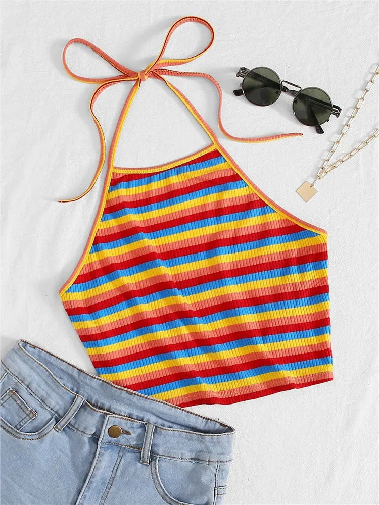 Free Shipping for Rainbow Rib-knit Striped Halter Top Women Summer Clothes Sexy Korean Fashion Backless Sleeveless Crop Top Streetwear