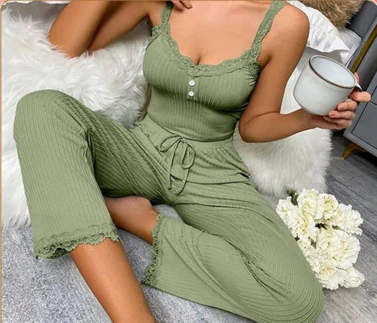 Summer Lace Suspenders Pajama Set - Casual & Elegant Lounge Wear (M-XL)