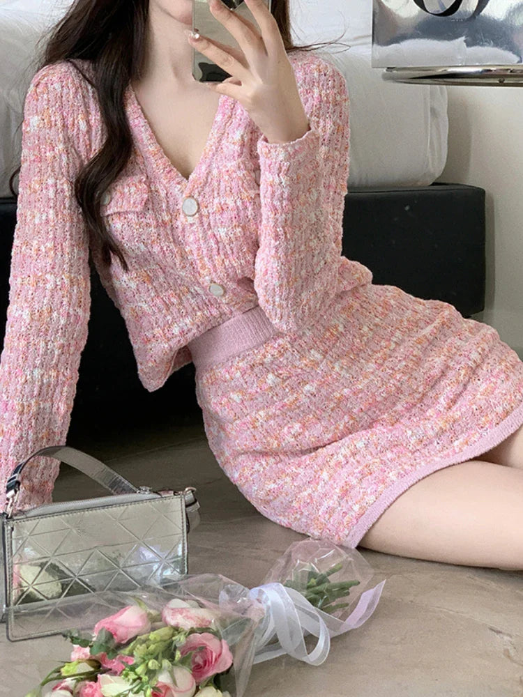 Free shipping for Two Piece Dress Set Sweet Cardigan Sweater + Slim Skirt Pink Elegant  Mini Dress Autumn Office Lady Casual Knitted Suits