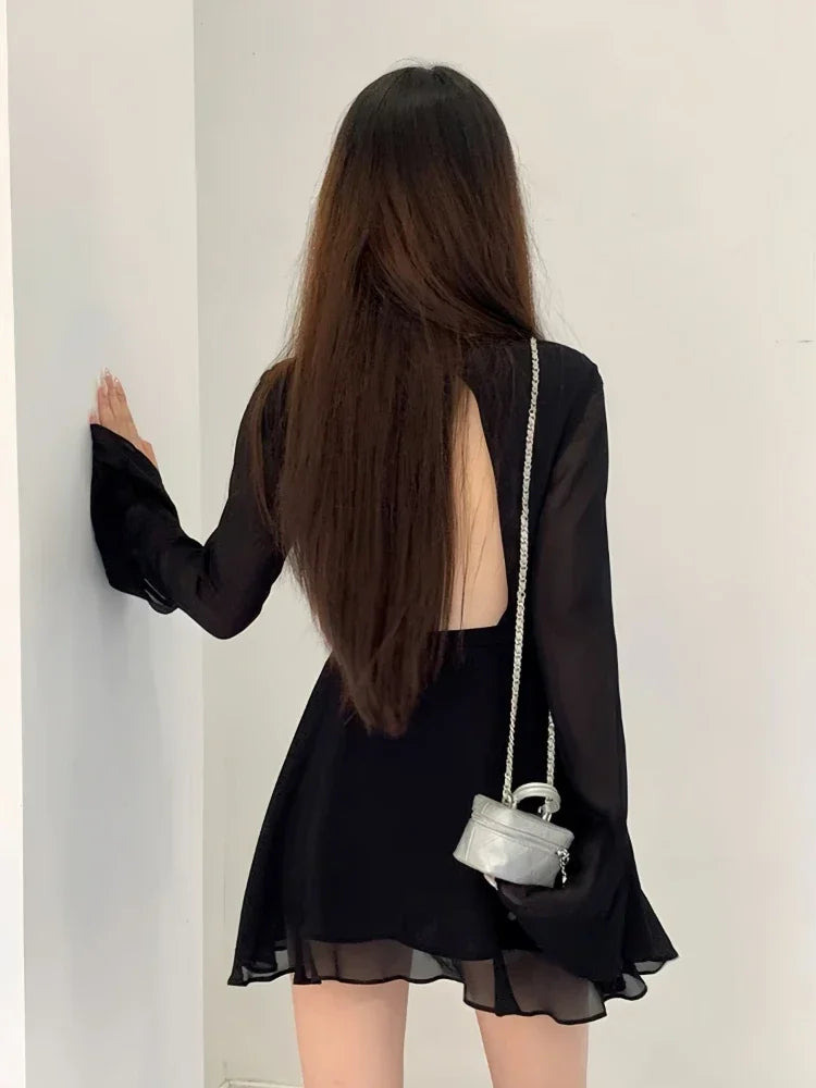 Free shipping for Backless Black Dress Women Elegant Back Hollow Out Lace-up Long Sleeve Mesh Patchwork Sexy Slim Ruffle Mini Dress Party