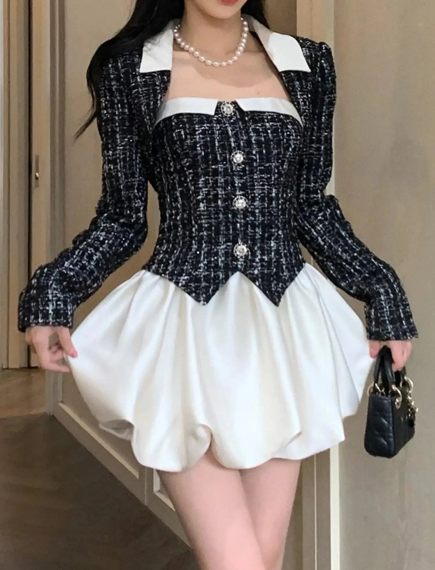 Free shipping for Korean Elegant Tweed 2 Piece Dress Set Black Short Blazer Coat Sweet Y2k Mini Dresses Women Autumn Fashion Suit OL Clothes